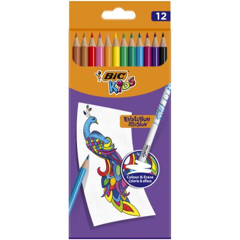Kredki ołówkowe Bic Kids Evolution Illusion z gumką, 12 kolorów